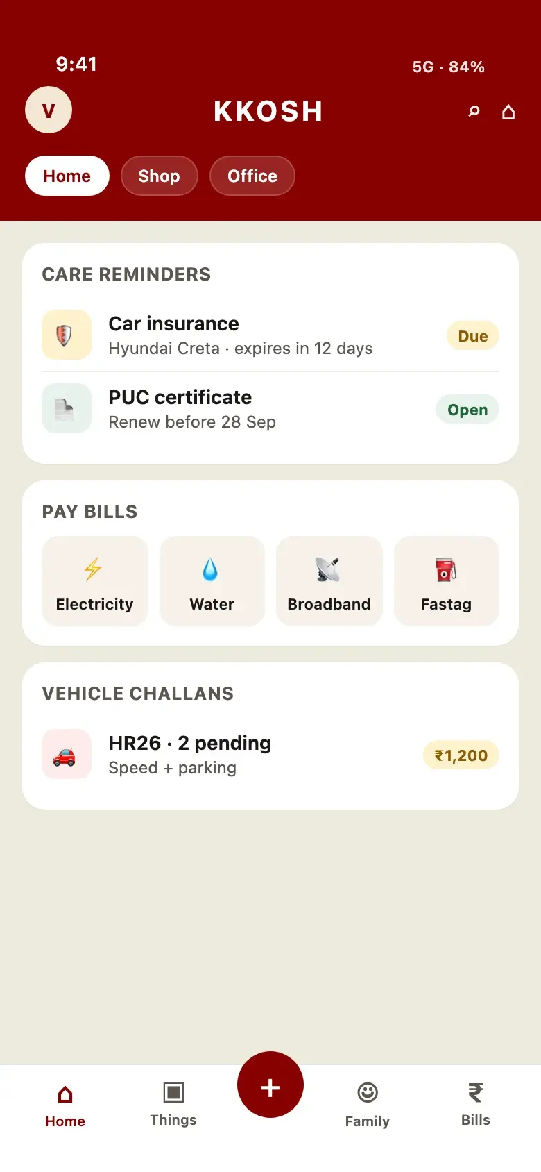 KKOSH home — reminders, bills and challans