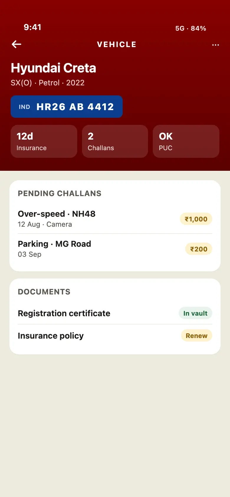 KKOSH vehicle card and challans